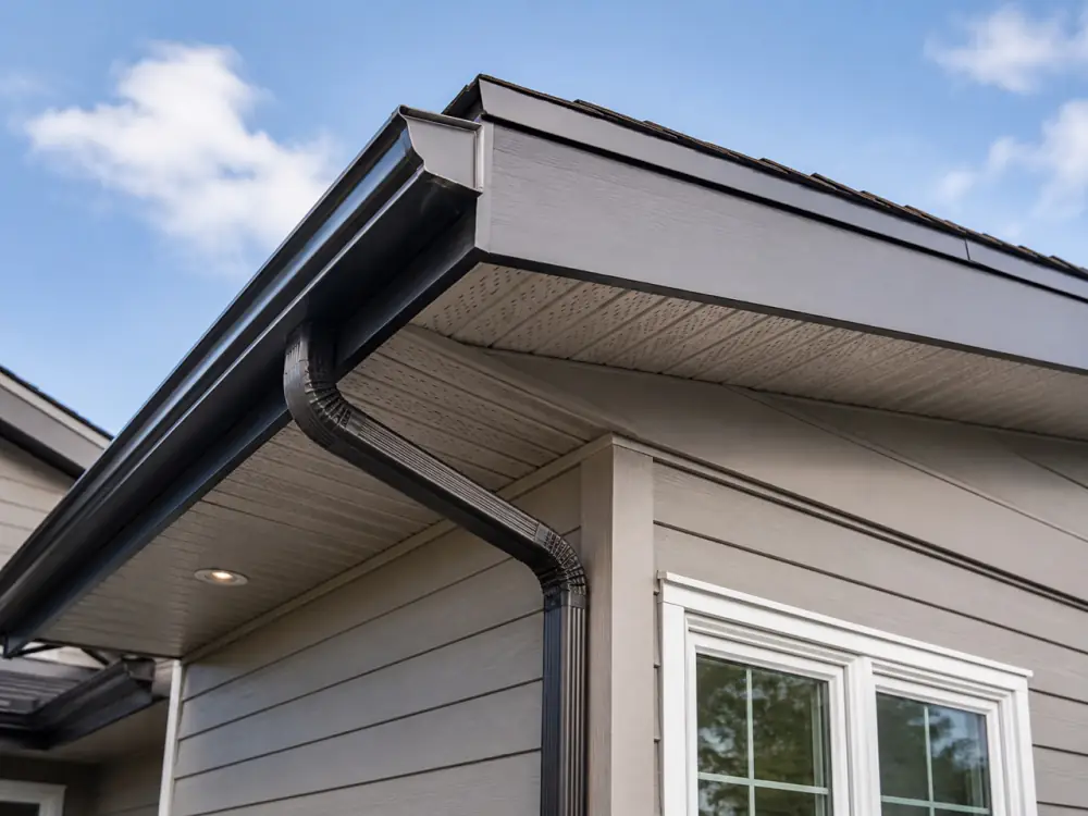 Dark aluminum eavestrough and downspout at a roof corner with vented soffit panels and beige siding