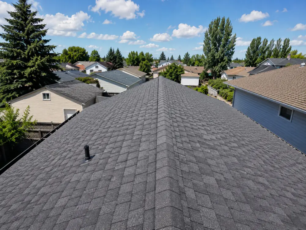 Newly shingled charcoal asphalt roof seen from the ridge, with a new vent boot and a treed bungalow neighbourhood beyond